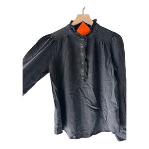 Button front ruffle distressed black/gray wash blouse women’s size small